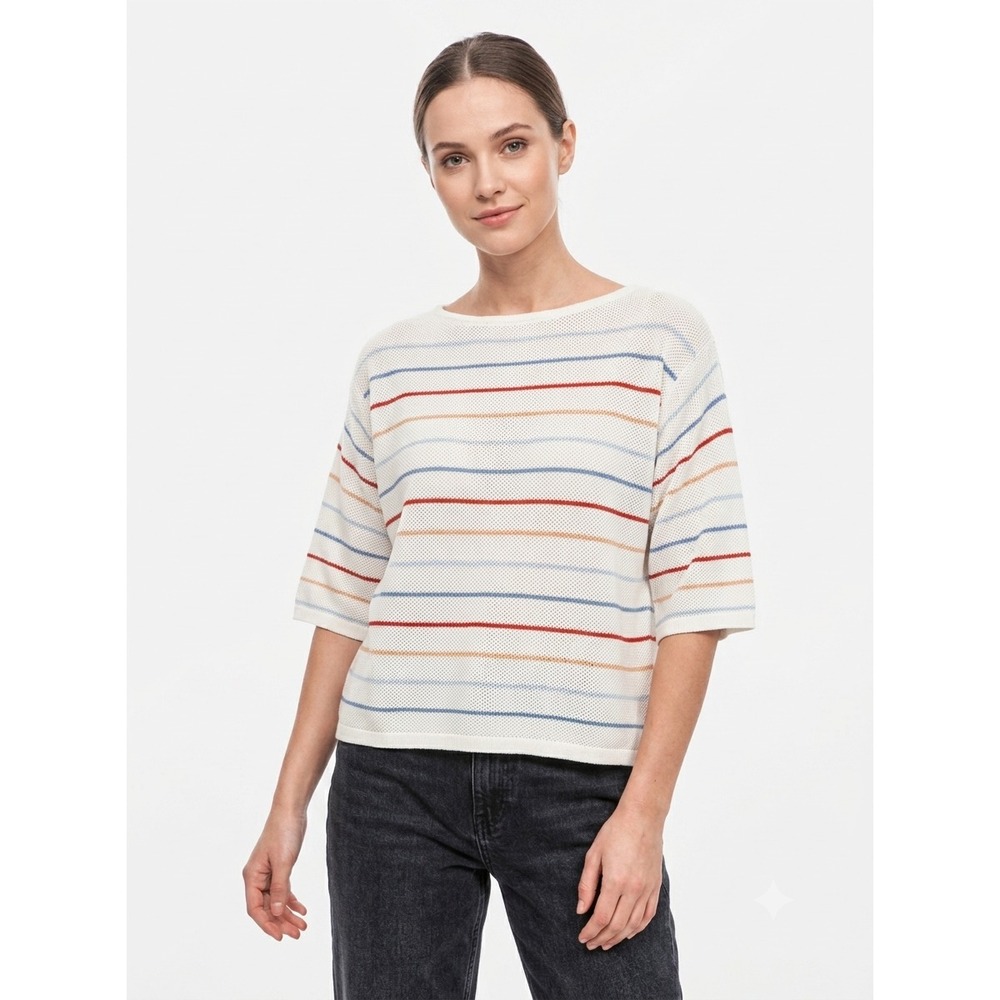 & Other Stories Sweater Top Womens L Cream Multi Striped Open Knit 3/4 Sleeve